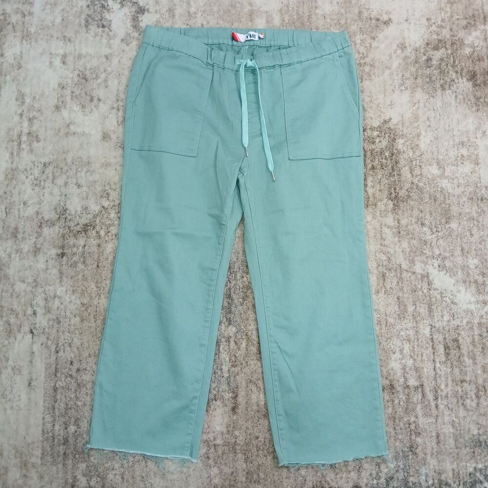 YMI Jeans Women 1X Seafoam Green Sage Wide Leg Cropped Drawstring Pants Raw Hem